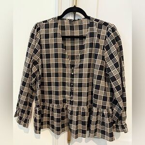Madewell Courtyard V Neck, Bell Sleeve, Peplin Top. Metallic Plaid. XL. NWOT